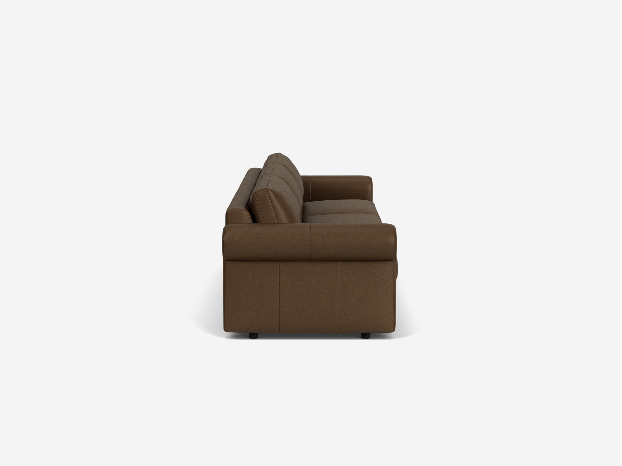 Side view of brown leather 3-seat sofa with roll arms